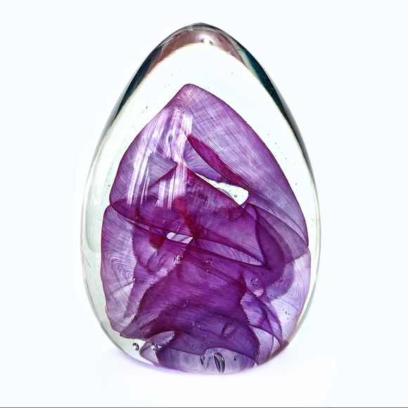 Large Heavy Blown Glass Egg Paperweight Home Decor 6 Inch Purple Swirled Vintage - Picture 3 of 7